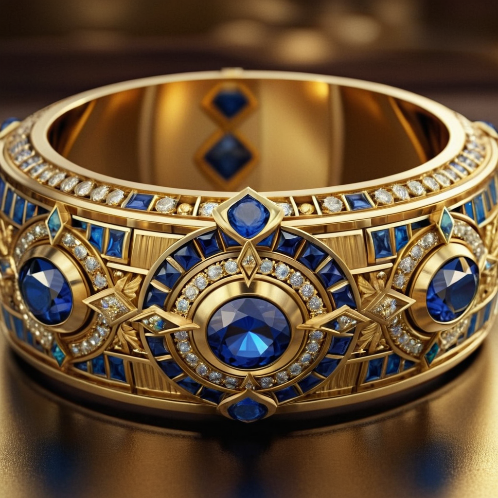 A close-up of an intricately designed gold bangle with blue sapphires and diamonds set in a detailed geometric pattern.