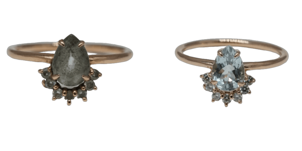 Before and after photos of a diamond ring: left side shows a dirty ring with dull appearance, right side shows the same ring sparkling clean.