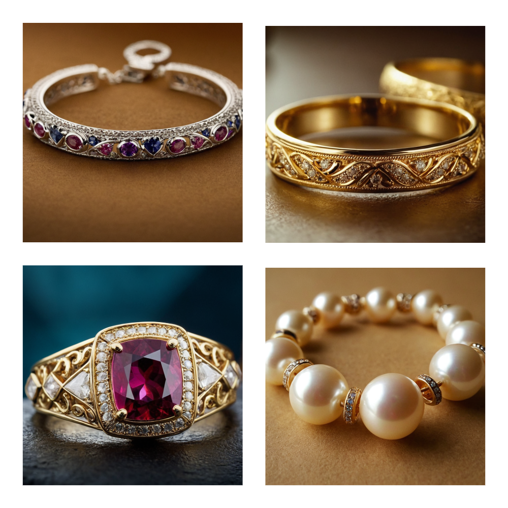 A collage of four pieces of jewelry including a silver bracelet with purple gemstones, a gold bracelet with intricate filigree, a gold ring with a large red gemstone surrounded by diamonds, and a pearl bracelet with gold accents and small diamonds.