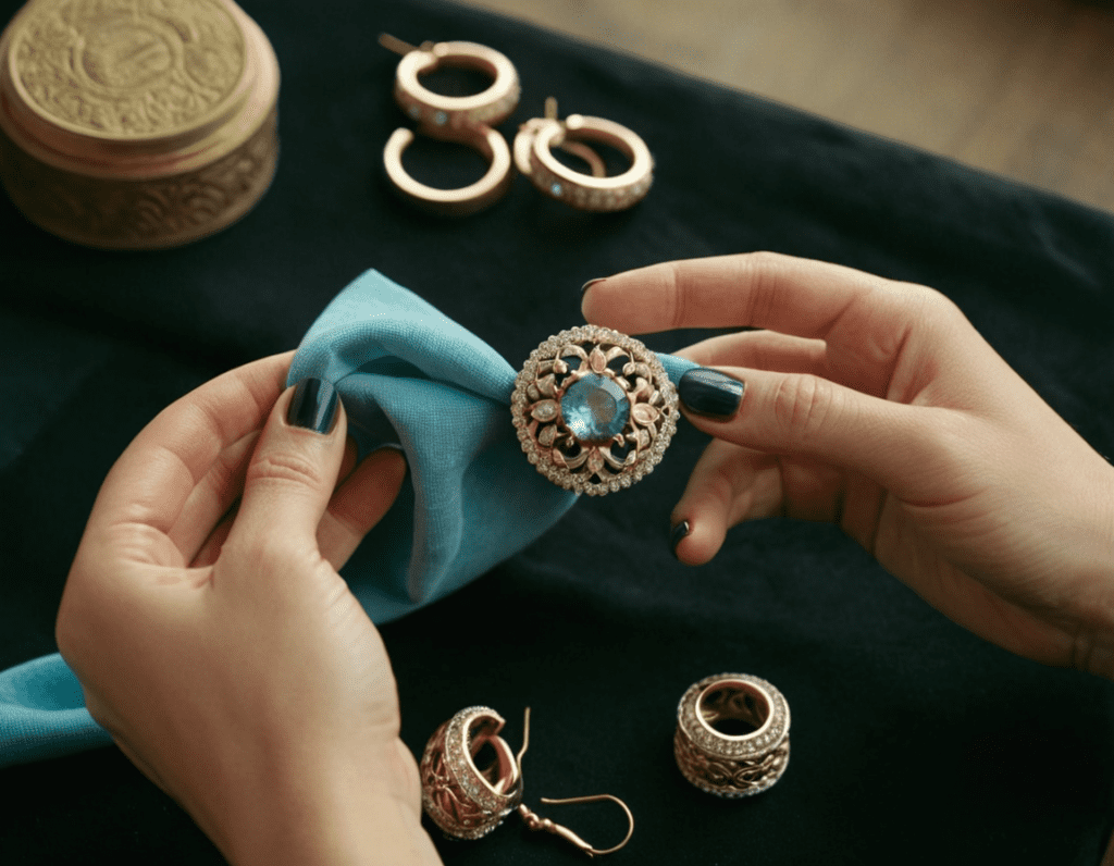 A person delicately cleaning a piece of jewelry using a soft cloth and brush.